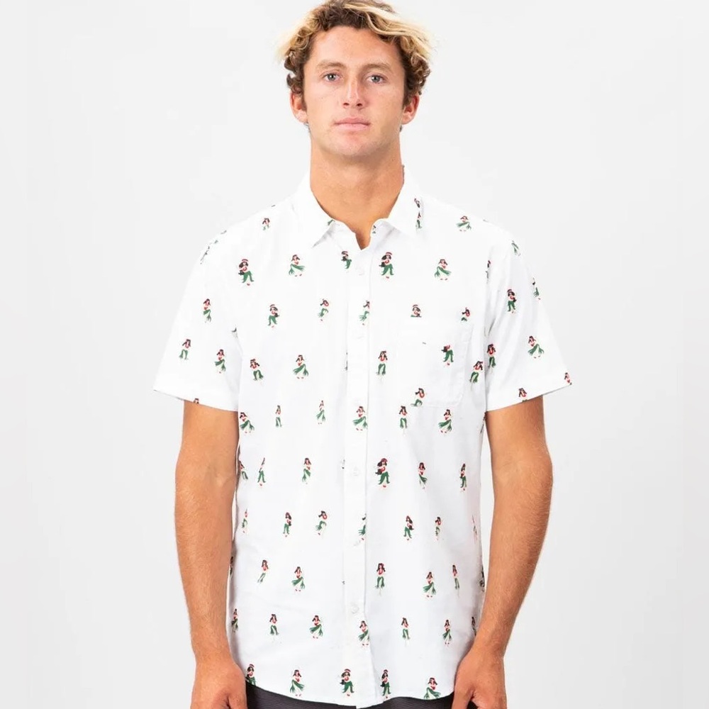 Rip Curl Men’s Short Sleeved White Hawaiian Pattern Button-Up Shirt, Size XL
